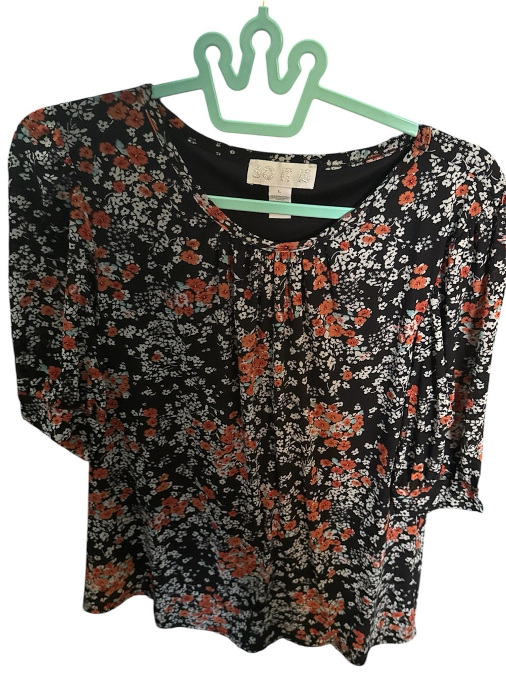 Women's Black Floral Scoop Neck Blouse with Orange Flowers